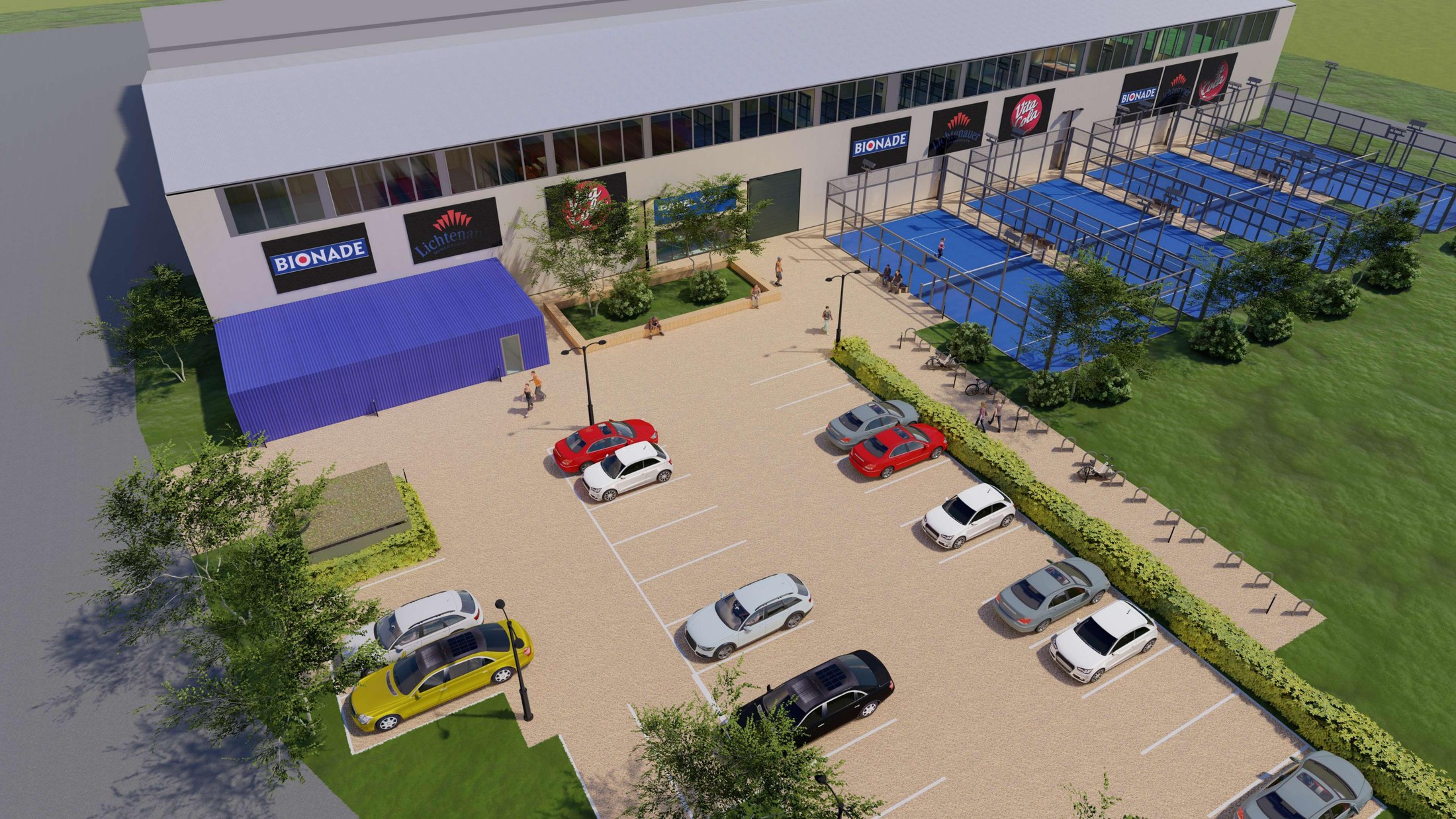 Planungsvisualisierung des Padel Club Halle mit Hallengebäude, Outdoor-Courts, Eingang und Parkplätzen