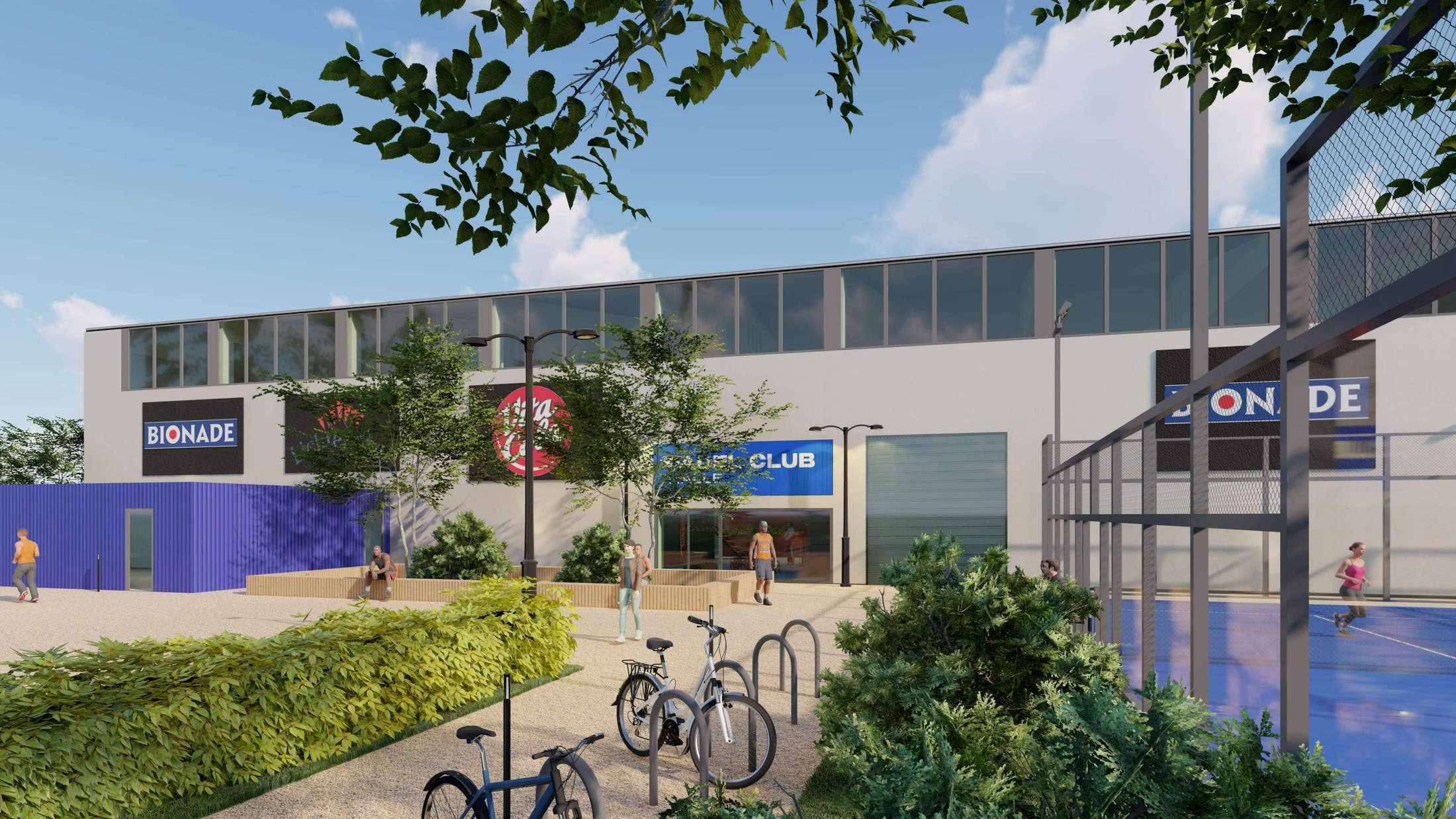 Planungsvisualisierung des Eingangs zum Padel Club Halle mit Fahrradstellplätzen und angrenzendem Outdoor-Court