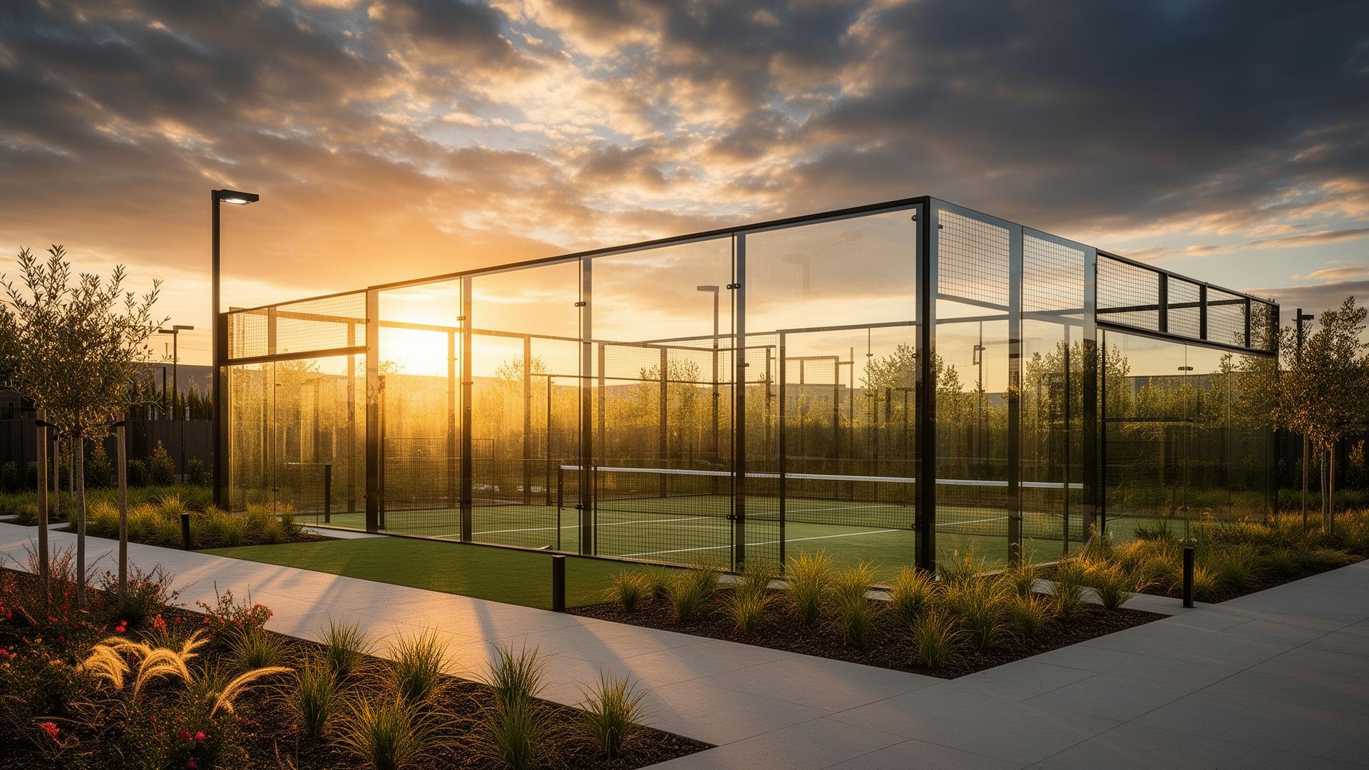 Outdoor Padel Court bei goldenem Sonnenuntergang im Padel Club Halle Halle Saale