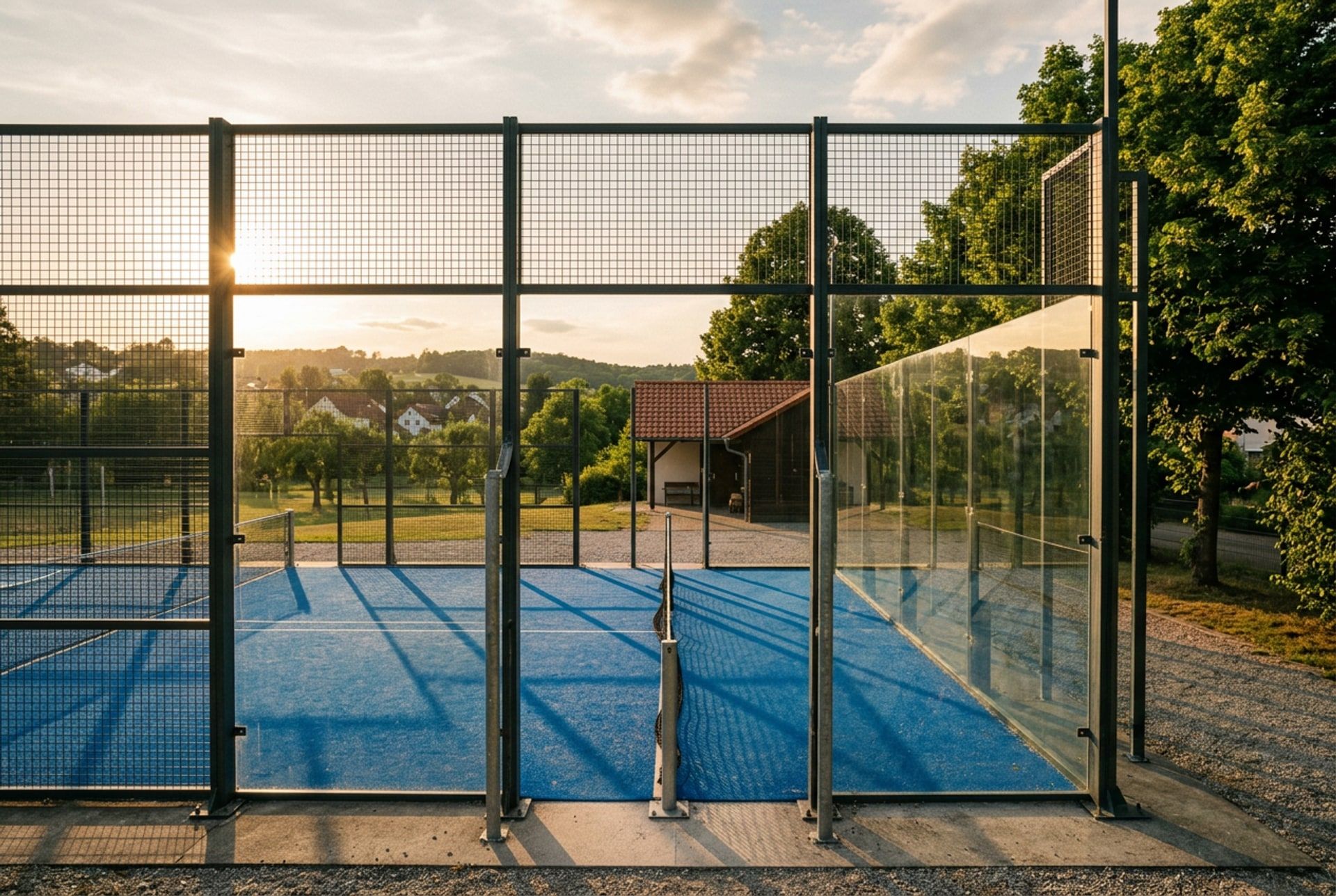 Outdoor-Padelcourt im goldenen Abendlicht mit Blick auf die Landschaft