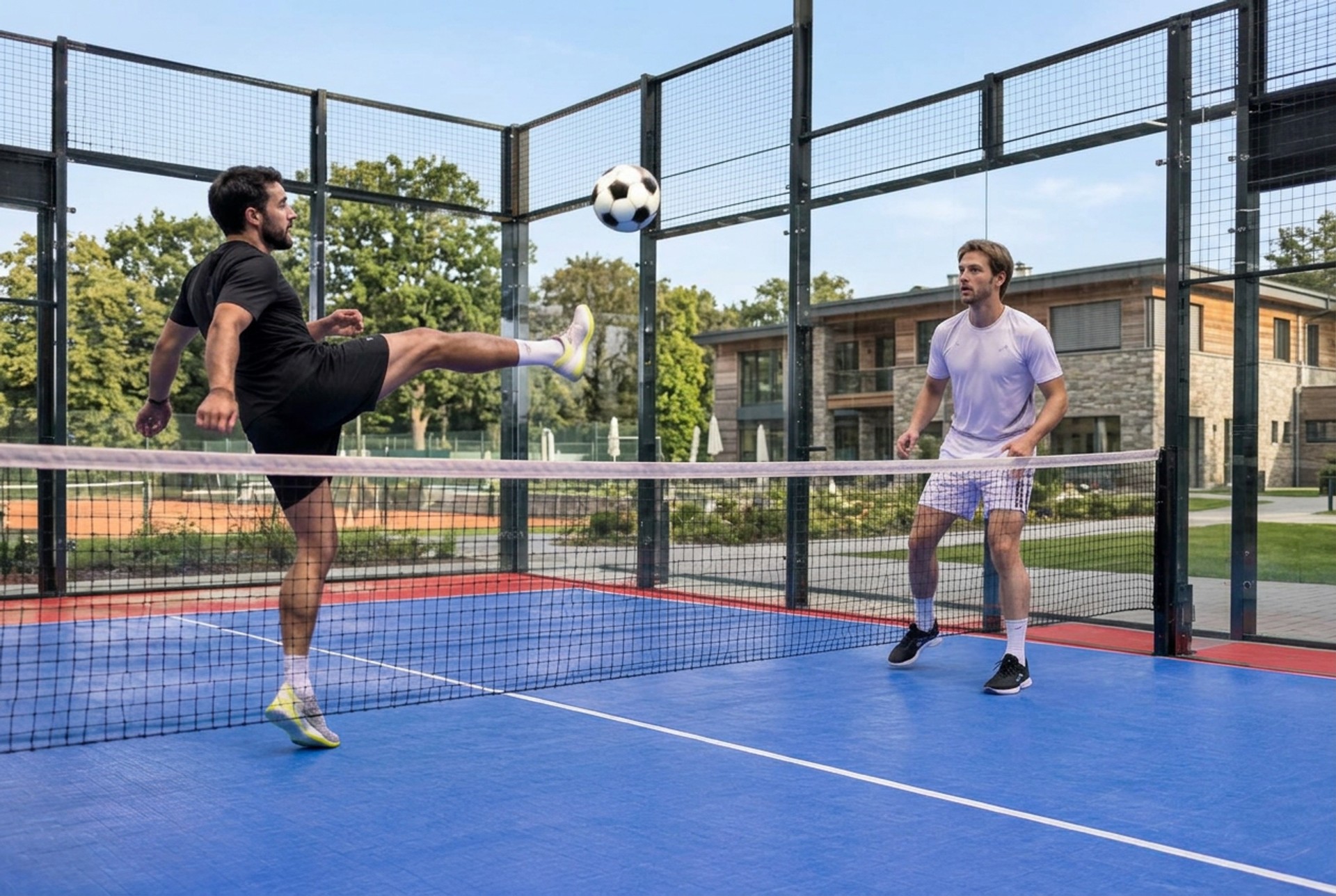 Zwei Spieler spielen Padbol mit einem Fußball über das Netz auf dem Outdoor-Padbol-Court